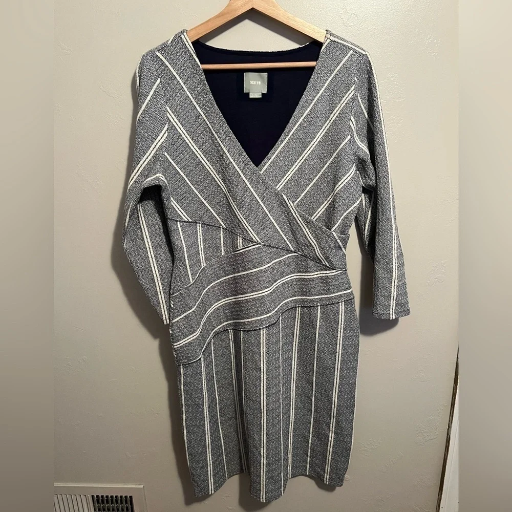 Anthropologie Maeve Striped V-neck Surplice 3/4 Sleeve Cotton Blend Dress - Picture 2 of 13